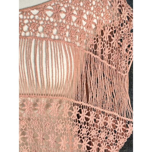 Living Doll LA Crochet Beach Cover Up Fringe Hem Oversized Pink Women Size XS/S - Picture 7 of 13